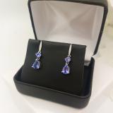 1.65 Carat (ctw) Sterling Silver Round & Pear Cut Tanzanite & Round Cut White Diamond Ladies Dangling Drop Earrings 1 1/2 CT
