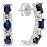 2.10 Carat (ctw) 10K White Gold Oval Cut Blue Sapphire & Round Cut White Diamond Ladies Fancy J Shaped Hoop Earrings 2 1/10 CT