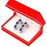 2.10 Carat (ctw) 10K White Gold Oval Cut Blue Sapphire & Round Cut White Diamond Ladies Fancy J Shaped Hoop Earrings 2 1/10 CT