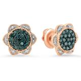 0.35 Carat (ctw) 10K Rose Gold Round Cut Blue & White Diamond Ladies Flower Shape Cluster Fashion Stud Earrings 1/3 CT