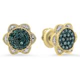 0.35 Carat (ctw) 10K Yellow Gold Round Cut Blue & White Diamond Ladies Flower Shape Cluster Fashion Stud Earrings 1/3 CT