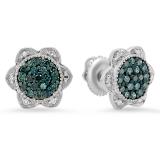 0.35 Carat (ctw) 18K White Gold Round Cut Blue & White Diamond Ladies Flower Shape Cluster Fashion Stud Earrings 1/3 CT