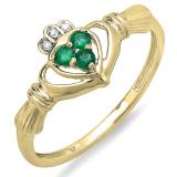 0.13 Carat (ctw) 10K Yellow Gold Round Green Emerald & White Diamond Ladies Bridal Promise Band Heart Shape Ring