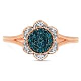 0.20 Carat (ctw) 10K Rose Gold Round Blue & White Diamond Ladies Cluster Style Bridal Engagement Ring 1/5 CT