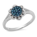 0.20 Carat (ctw) 14K White Gold Round Blue & White Diamond Ladies Cluster Style Bridal Engagement Ring 1/5 CT