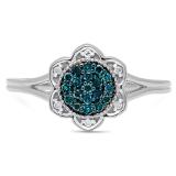 0.20 Carat (ctw) 14K White Gold Round Blue & White Diamond Ladies Cluster Style Bridal Engagement Ring 1/5 CT