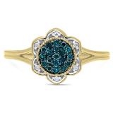 0.20 Carat (ctw) 14K Yellow Gold Round Blue & White Diamond Ladies Cluster Style Bridal Engagement Ring 1/5 CT
