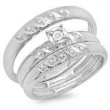 0.06 Carat (ctw) 10K White Gold Round Cut Diamond Men & Women's Engagement Ring Trio Bridal Set
