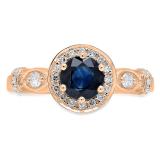 1.30 Carat (ctw) 14K Rose Gold Round Cut Blue Sapphire & White Diamond Ladies Bridal Halo Style Engagement Ring