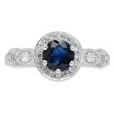 1.30 Carat (ctw) 14K White Gold Round Cut Blue Sapphire & White Diamond Ladies Bridal Halo Style Engagement Ring