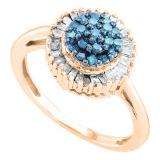 0.40 Carat (ctw) 10K Rose Gold Round Blue & Baguette Cut White Diamond Ladies Cluster Flower Right Hand Ring