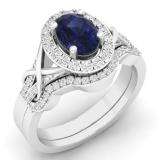 1.35 Carat (ctw) 18K White Gold Oval Cut Blue Sapphire & Round White Diamond Ladies Bridal Split Shank Halo Engagement Ring With Matching Band Set 1 1/3 CT