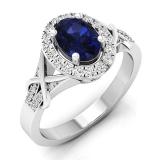 1.35 Carat (ctw) 18K White Gold Oval Cut Blue Sapphire & Round White Diamond Ladies Bridal Split Shank Halo Engagement Ring With Matching Band Set 1 1/3 CT