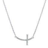 0.05 Carat (ctw) Dainty Sterling Silver Round White Diamond Ladies Sideways Religious Cross Pendant (Silver Chain Included)