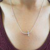 0.05 Carat (ctw) Dainty Sterling Silver Round White Diamond Ladies Sideways Religious Cross Pendant (Silver Chain Included)