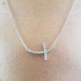 0.05 Carat (ctw) Dainty Sterling Silver Round White Diamond Ladies Sideways Religious Cross Pendant (Silver Chain Included)