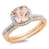 0.90 Carat (ctw) 10K Rose Gold Cushion Cut Morganite & Round Cut White Diamond Ladies Bridal Halo Engagement Ring With Matching Band Set