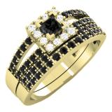 0.85 Carat (ctw) 14K Yellow Gold Princess & Round Black & White Diamond Ladies Bridal Split Shank Halo Style Engagement Ring With Matching Band Set