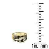 0.85 Carat (ctw) 14K Yellow Gold Princess & Round Black & White Diamond Ladies Bridal Split Shank Halo Style Engagement Ring With Matching Band Set