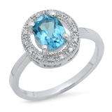 1.40 Carat (ctw) 10K White Gold Oval Cut Blue Topaz & Round Cut White Diamond Ladies Halo Style Bridal Engagement Ring