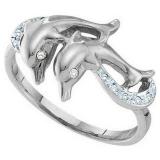 0.10 Carat (ctw) 10K White Gold Round Cut White Diamond Ladies Dolphin Right Hand Ring 1/10 CT