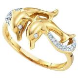 0.10 Carat (ctw) 10K Yellow Gold Round Cut White Diamond Ladies Dolphin Right Hand Ring 1/10 CT