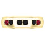 0.75 Carat (ctw) 10K Yellow Gold Round Cut Ruby & Black Diamond Men's Channel Set Wedding Band 3/4 CT