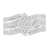 1.20 Carat (ctw) 10K White Gold Round & Baguette Cut White Diamond Ladies Cluster Right Hand Ring 1 1/4 CT