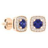 0.65 Carat (Ctw) 10K Rose Gold Round Cut Blue Sapphire & White Diamond Ladies Square Frame Halo Stud Earrings