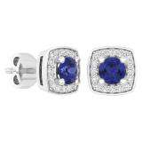 0.65 Carat (Ctw) 10K White Gold Round Cut Blue Sapphire & White Diamond Ladies Square Frame Halo Stud Earrings