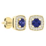 0.65 Carat (Ctw) 18K Yellow Gold Round Cut Blue Sapphire & White Diamond Ladies Square Frame Halo Stud Earrings