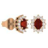 1.15 Carat (Ctw) 10K Rose Gold Oval Cut Garnet & Round Cut White Diamond Ladies Flower Shape Cluster Fashion Stud Earrings