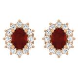 1.15 Carat (Ctw) 10K Rose Gold Oval Cut Garnet & Round Cut White Diamond Ladies Flower Shape Cluster Fashion Stud Earrings