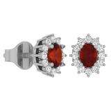 1.15 Carat (Ctw) 10K White Gold Oval Cut Garnet & Round Cut White Diamond Ladies Flower Shape Cluster Fashion Stud Earrings