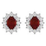 1.15 Carat (Ctw) 10K White Gold Oval Cut Garnet & Round Cut White Diamond Ladies Flower Shape Cluster Fashion Stud Earrings