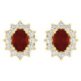 1.15 Carat (Ctw) 14K Yellow Gold Oval Cut Garnet & Round Cut White Diamond Ladies Flower Shape Cluster Fashion Stud Earrings