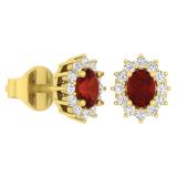 1.15 Carat (Ctw) 18K Yellow Gold Oval Cut Garnet & Round Cut White Diamond Ladies Flower Shape Cluster Fashion Stud Earrings