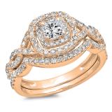 1.00 Carat (ctw) 10K Rose Gold Princess & Round Cut White Diamond Ladies Swirl Bridal Split Shank Halo Engagement Ring With Matching Band Set 1 CT