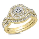 1.00 Carat (ctw) 10K Yellow Gold Princess & Round Cut White Diamond Ladies Swirl Bridal Split Shank Halo Engagement Ring With Matching Band Set 1 CT