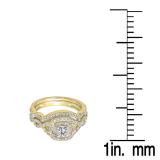 1.00 Carat (ctw) 10K Yellow Gold Princess & Round Cut White Diamond Ladies Swirl Bridal Split Shank Halo Engagement Ring With Matching Band Set 1 CT