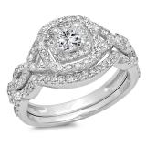 1.00 Carat (ctw) 14K White Gold Princess & Round Cut White Diamond Ladies Swirl Bridal Split Shank Halo Engagement Ring With Matching Band Set 1 CT