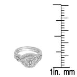 1.00 Carat (ctw) 14K White Gold Princess & Round Cut White Diamond Ladies Swirl Bridal Split Shank Halo Engagement Ring With Matching Band Set 1 CT