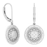 0.12 Carat (ctw) Rhodium Plated Sterling Silver Round White Diamond Ladies Circle Cluster Style Dangling Fashion Earrings