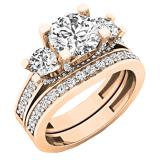 2.55 Carat (ctw) 18K Rose Gold Round White Diamond Ladies Bridal 3 Stone Engagement Ring Set
