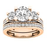 2.55 Carat (ctw) 18K Rose Gold Round White Diamond Ladies Bridal 3 Stone Engagement Ring Set