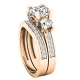 2.55 Carat (ctw) 18K Rose Gold Round White Diamond Ladies Bridal 3 Stone Engagement Ring Set