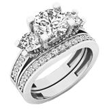 2.55 Carat (ctw) 18K White Gold Round White Diamond Ladies Bridal 3 Stone Engagement Ring Set