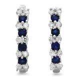 0.60 Carat (ctw) Sterling Silver Round White Diamond & Blue Sapphire Ladies Hoop Earrings
