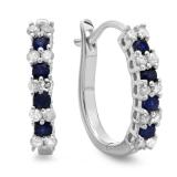 0.60 Carat (ctw) Sterling Silver Round White Diamond & Blue Sapphire Ladies Hoop Earrings
