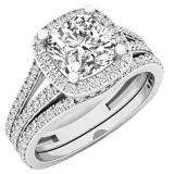 GIA CERTIFIED 2.15 Carat (ctw) 18K White Gold Cushion & Round Diamond Bridal Engagement Ring Set